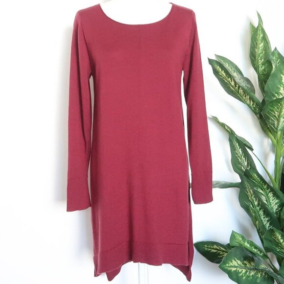 Eileen Fisher Burgundy Merino Wool Long Sleeve Pullover Sweater Dress Tunic M - Picture 1 of 9
